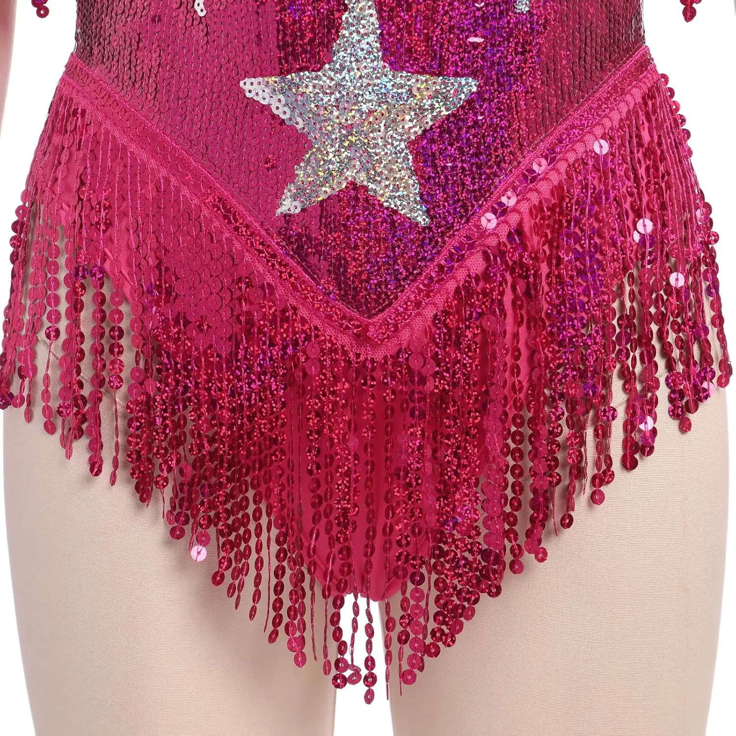 IWEMEK Sequin Sparkle Stars Fringes Bodysuit Leotard Rave Outfit for Women Music Festival Latin Dance Tassel Fringe Romper
