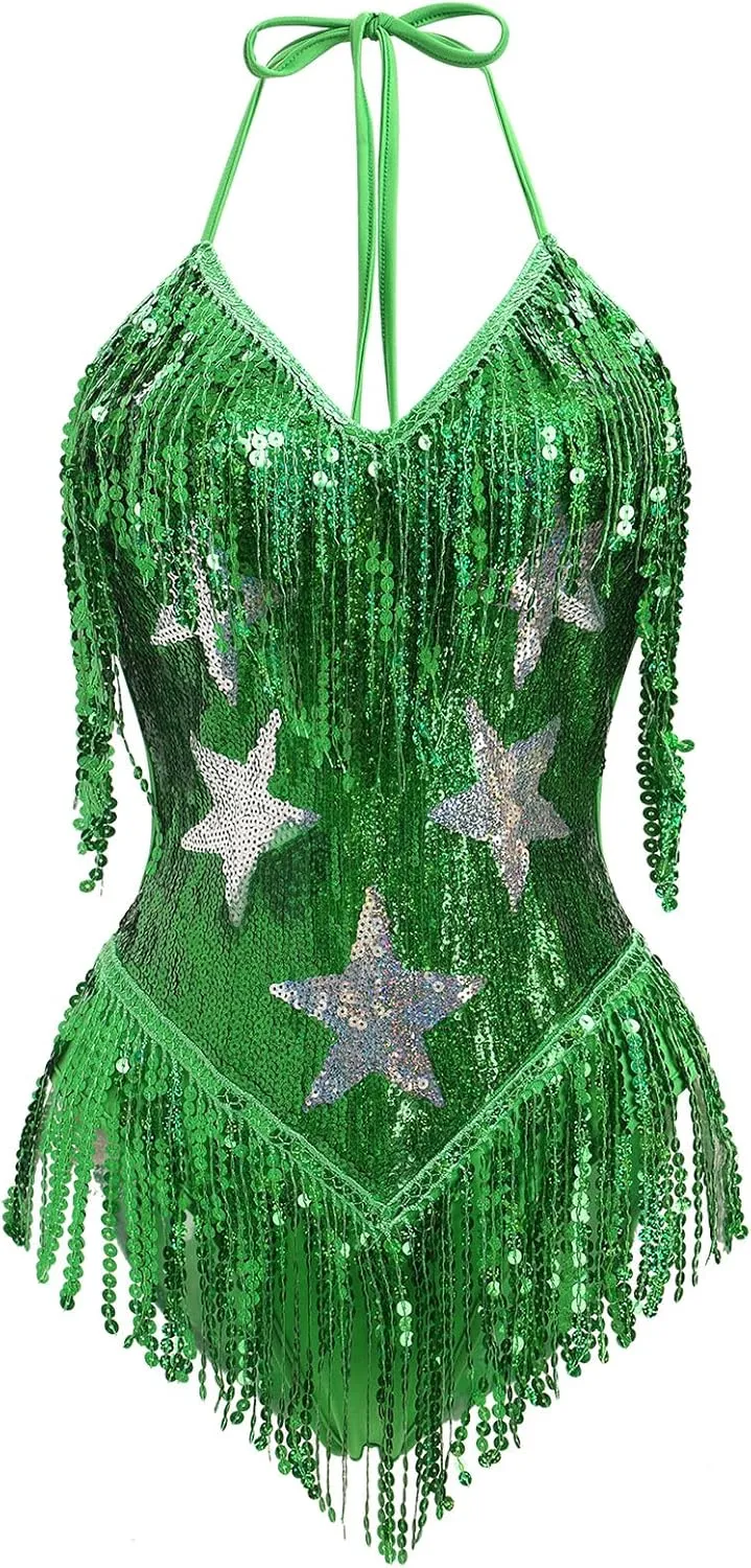 IWEMEK Sequin Sparkle Stars Fringes Bodysuit Leotard Rave Outfit for Women Music Festival Latin Dance Tassel Fringe Romper