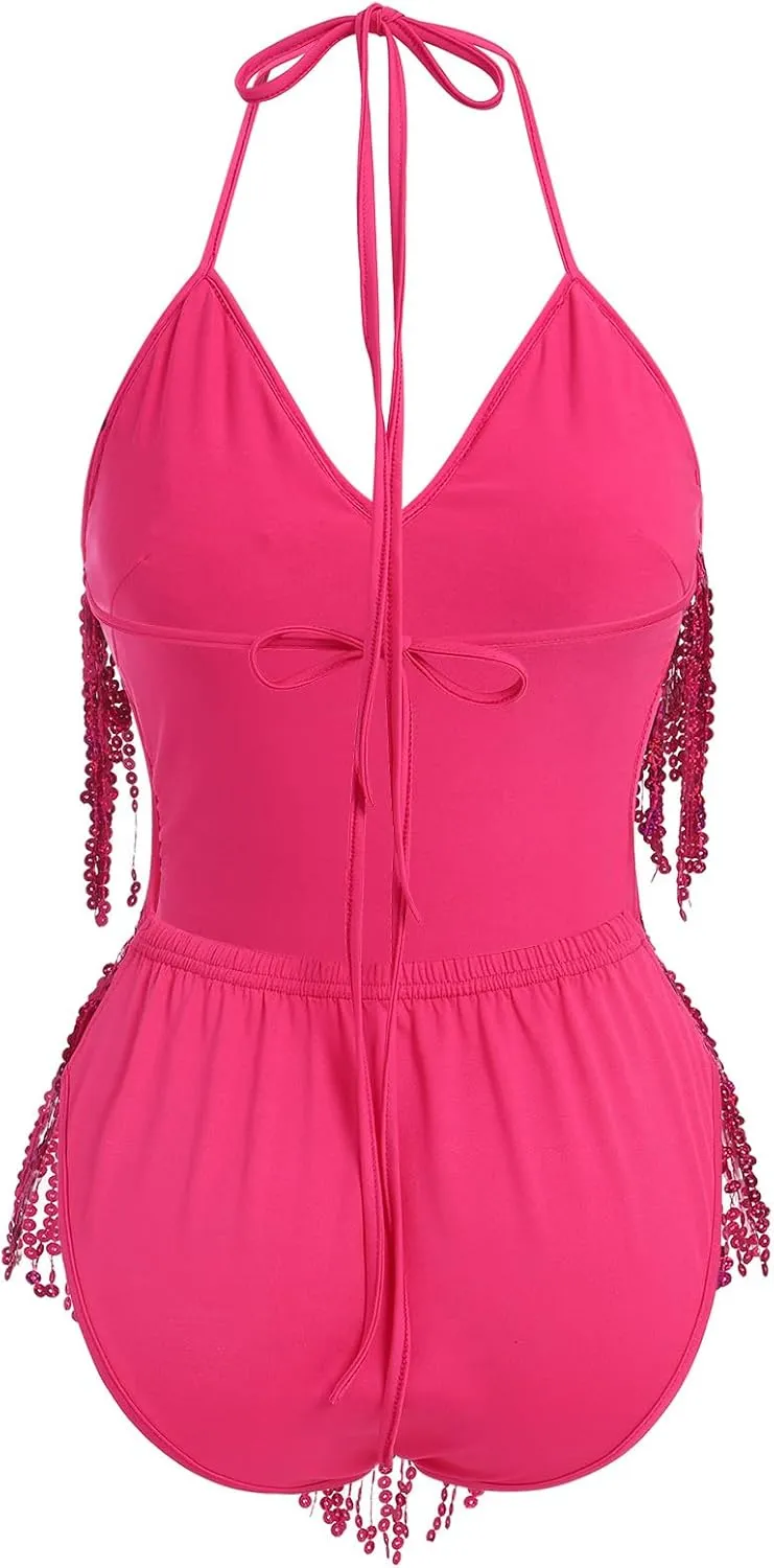 IWEMEK Sequin Sparkle Stars Fringes Bodysuit Leotard Rave Outfit for Women Music Festival Latin Dance Tassel Fringe Romper