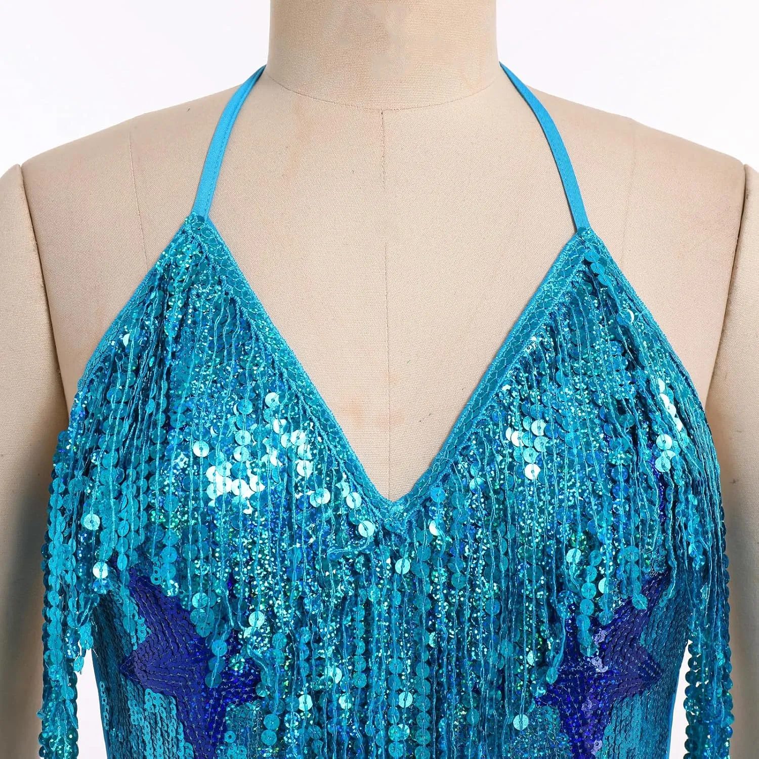 IWEMEK Sequin Sparkle Stars Fringes Bodysuit Leotard Rave Outfit for Women Music Festival Latin Dance Tassel Fringe Romper