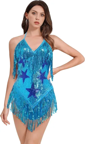 IWEMEK Sequin Sparkle Stars Fringes Bodysuit Leotard Rave Outfit for Women Music Festival Latin Dance Tassel Fringe Romper