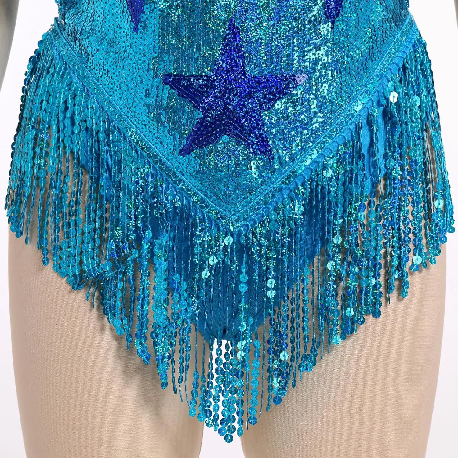 IWEMEK Sequin Sparkle Stars Fringes Bodysuit Leotard Rave Outfit for Women Music Festival Latin Dance Tassel Fringe Romper