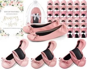 Jecery 48 Pairs Pink Floral Bridal Shower Supplies Wedding Foldable Flat Set Ballerina Slippers Floral Party Signs Portable Travel Ballet Flat Bulk Wedding Dancing Shoes for Guests Bridesmaids