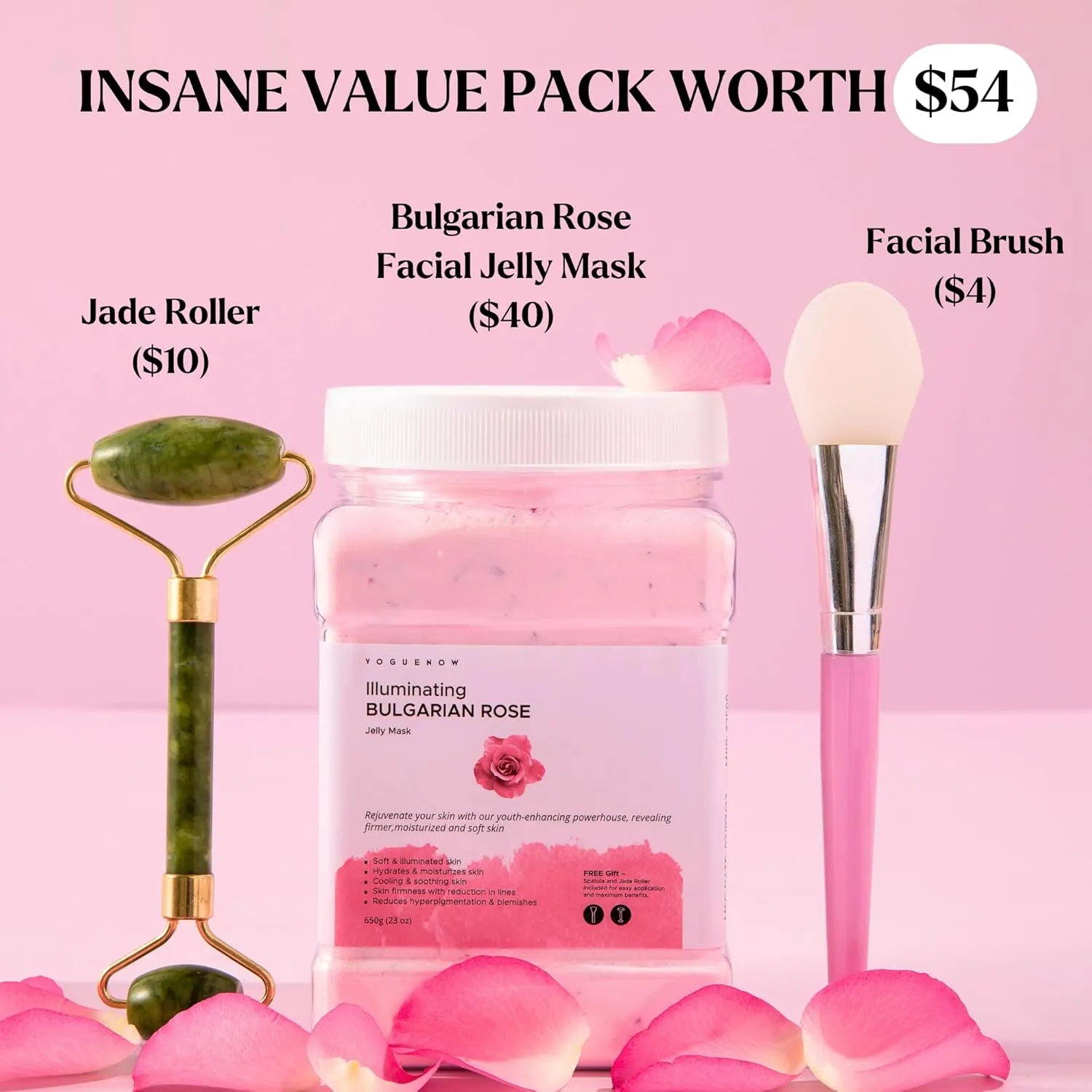 Jelly Face Mask for Facials - Bulgarian Rose Hydrating, Brightening & Nourishing Jelly Mask with Free Jade Roller & Spatula | Professional Hydrojelly Masks | Vajacial Jelly Mask Powder | 23 Oz Jar
