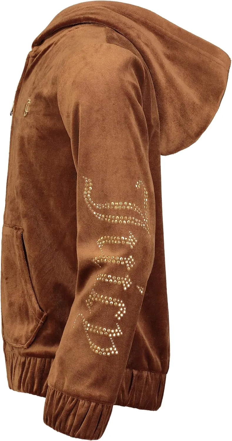 Juicy Couture Girls' Long Sleeve Plush Velour Full Zip Hoodie Sweatshirt with Front Pockets