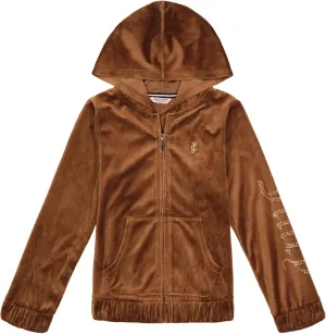 Juicy Couture Girls' Long Sleeve Plush Velour Full Zip Hoodie Sweatshirt with Front Pockets