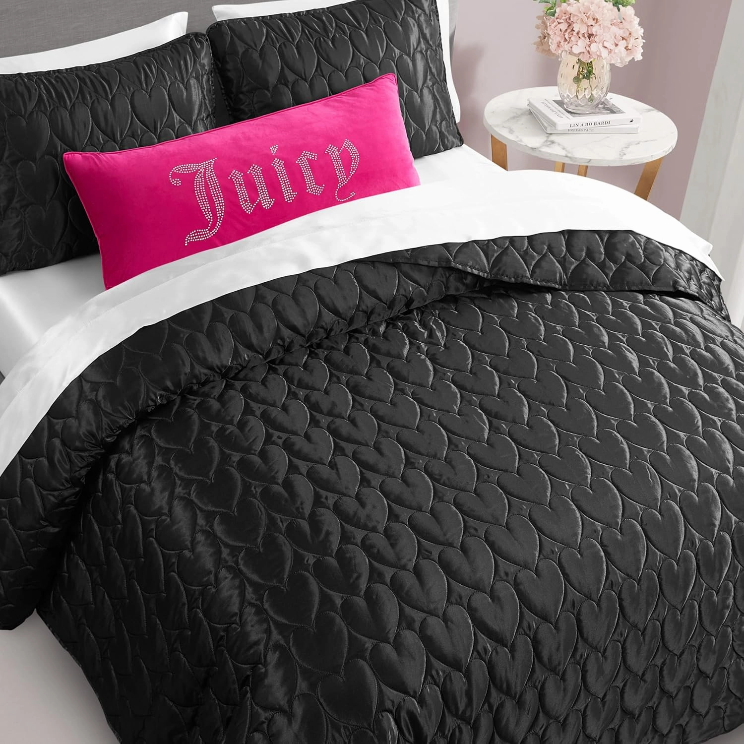 Juicy Couture Satin Heart Stitched 3 Piece Full/Queen Quilt Set, Black Luxury Bedding Set