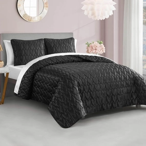 Juicy Couture Satin Heart Stitched 3 Piece Full/Queen Quilt Set, Black Luxury Bedding Set