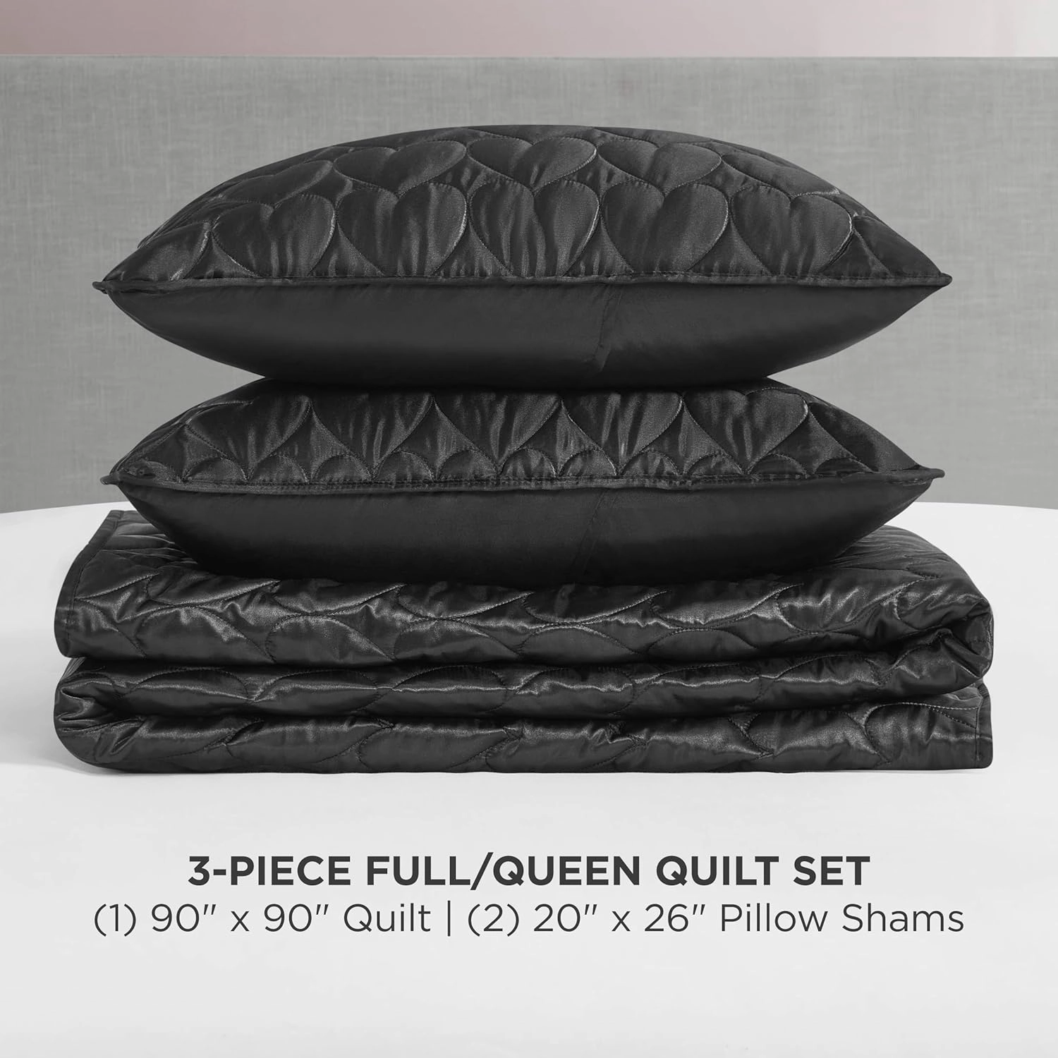 Juicy Couture Satin Heart Stitched 3 Piece Full/Queen Quilt Set, Black Luxury Bedding Set