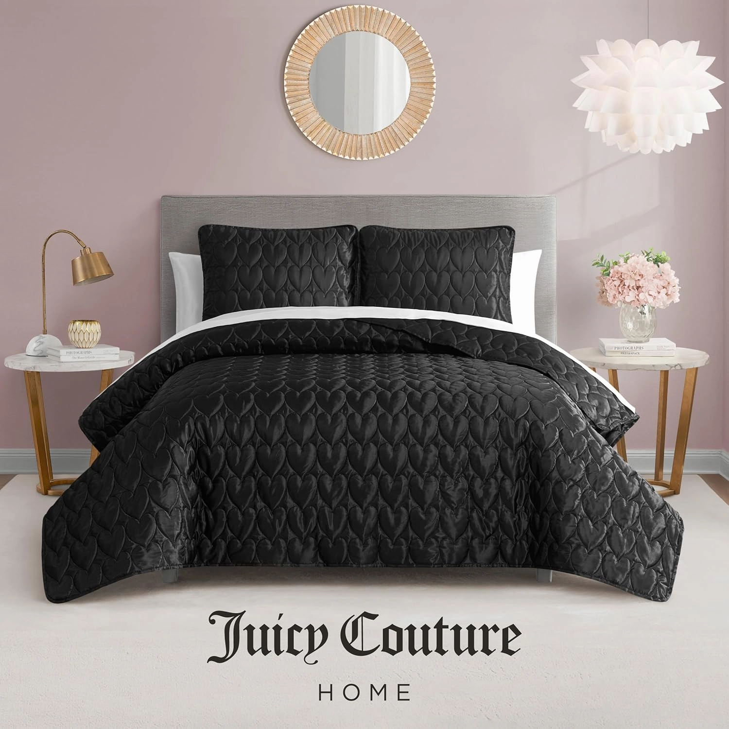 Juicy Couture Satin Heart Stitched 3 Piece Full/Queen Quilt Set, Black Luxury Bedding Set
