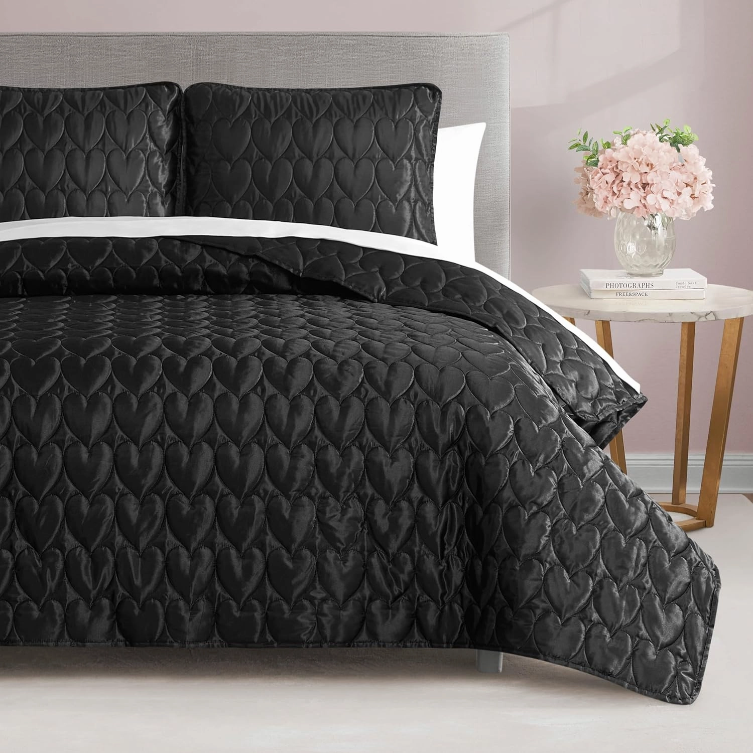 Juicy Couture Satin Heart Stitched 3 Piece Full/Queen Quilt Set, Black Luxury Bedding Set