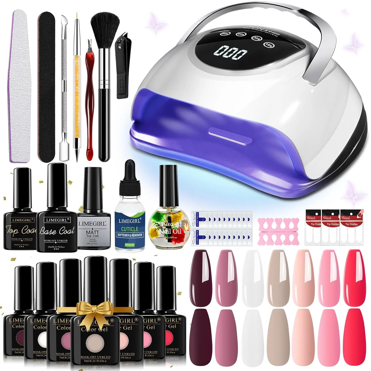 LimeGirl Gel Nail Polish Kit with U V Light, 23PCS Starter Kit with 7 Colors Salon-Grade Gel Polish, Classic French White/Mauve Grey/Hot Pink for Elegant Style, 120W UV Nail Lamp for Fast Curing
