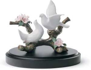LLADRÓ Couple of Birds Doves on a Cherry Tree in Gloss Pastel Porcelain. Decorative Figure of 2 Doves Symbol of Love.