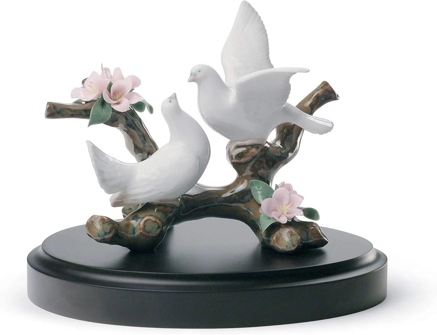LLADRÓ Couple of Birds Doves on a Cherry Tree in Gloss Pastel Porcelain. Decorative Figure of 2 Doves Symbol of Love.