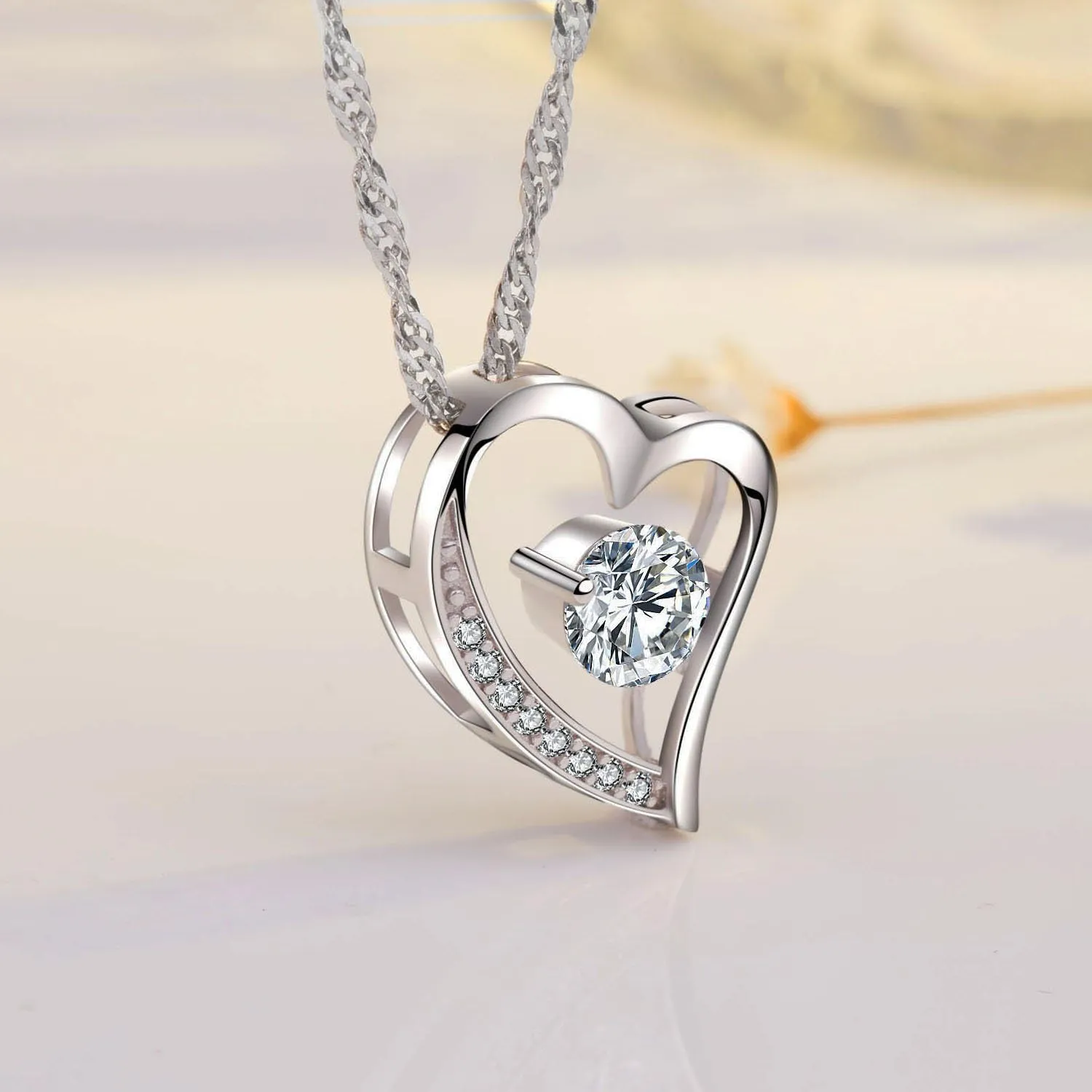 Love Heart Pendant Necklace for Women 14k White Gold Plated 5A Birthstone Jewelry Gift for Mom