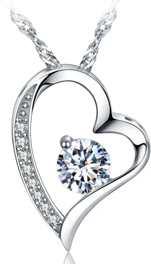 Love Heart Pendant Necklace for Women 14k White Gold Plated 5A Birthstone Jewelry Gift for Mom