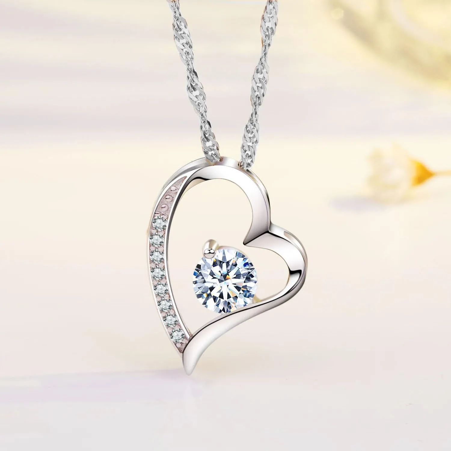 Love Heart Pendant Necklace for Women 14k White Gold Plated 5A Birthstone Jewelry Gift for Mom