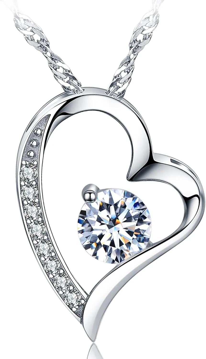 Love Heart Pendant Necklace for Women 14k White Gold Plated 5A Birthstone Jewelry Gift for Mom