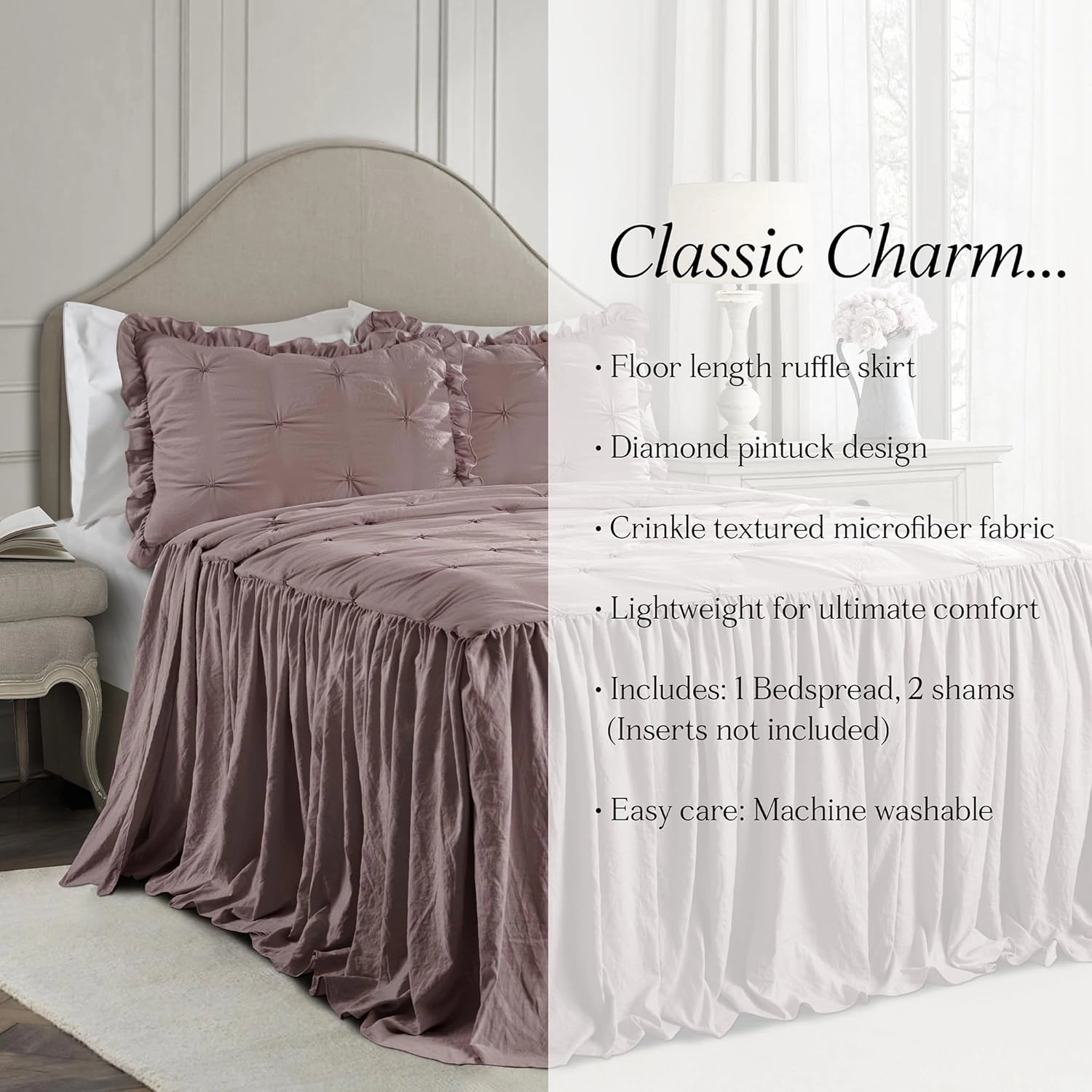 Lush Decor Ravello Pintuck Ruffle Skirt Bedspread Set - Luxe 3 Piece Ruffled Bedding Set - Traditional Glam & Farmhouse Inspired Bedroom Decor - King, Woodrose