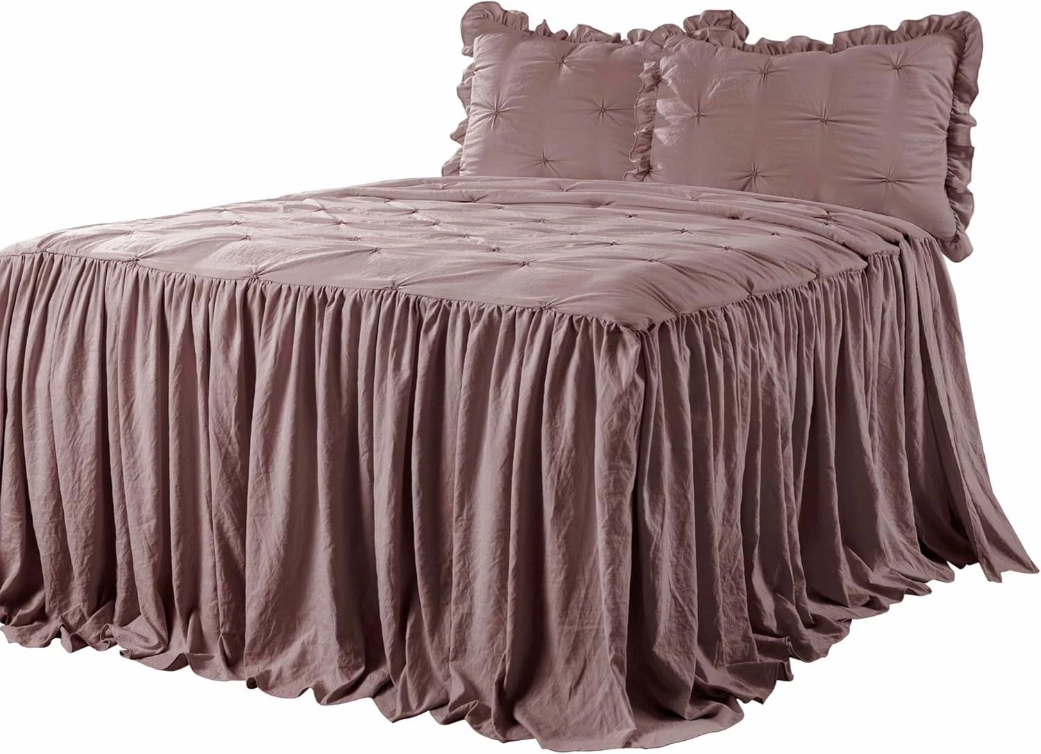 Lush Decor Ravello Pintuck Ruffle Skirt Bedspread Set - Luxe 3 Piece Ruffled Bedding Set - Traditional Glam & Farmhouse Inspired Bedroom Decor - King, Woodrose