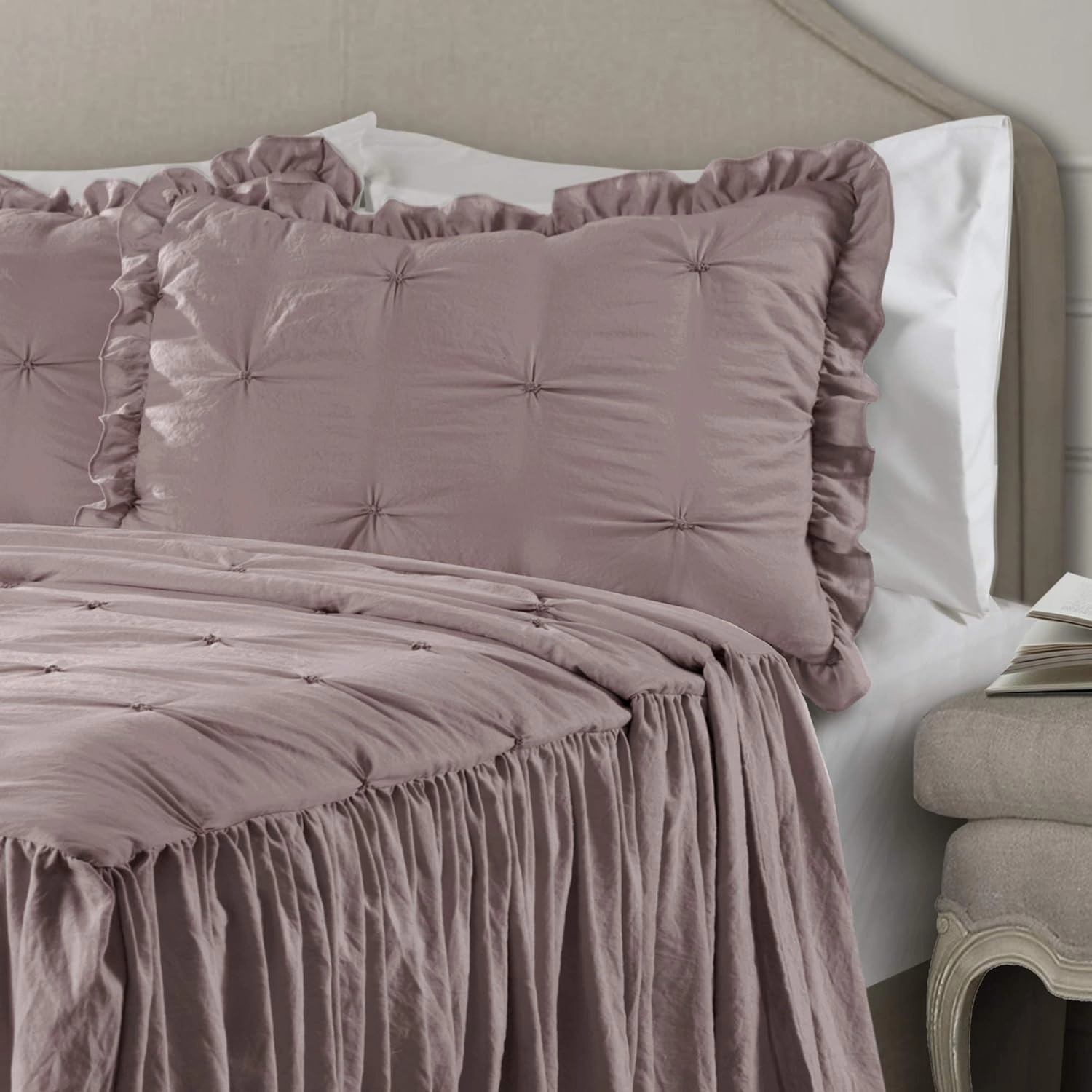 Lush Decor Ravello Pintuck Ruffle Skirt Bedspread Set - Luxe 3 Piece Ruffled Bedding Set - Traditional Glam & Farmhouse Inspired Bedroom Decor - King, Woodrose