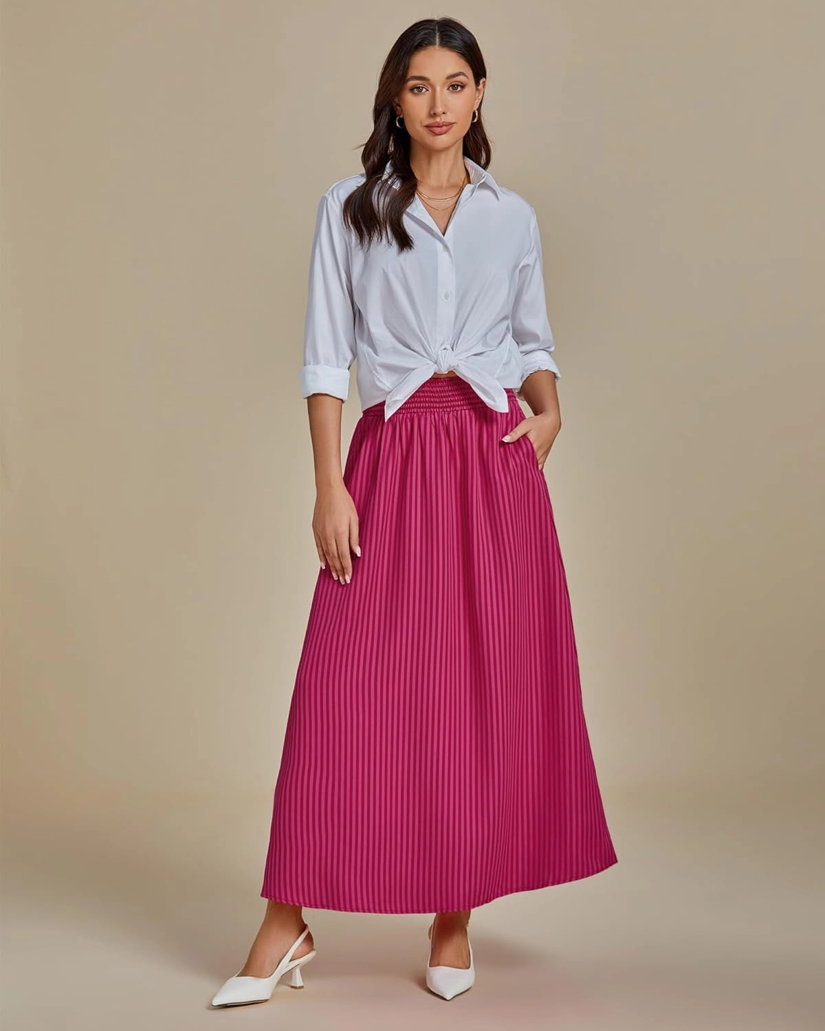 luvamia Striped Skirts for Women Maxi Long Flowy Trendy Smocked Elastic Waist Summer Beach Vacation Skirt with Pockets