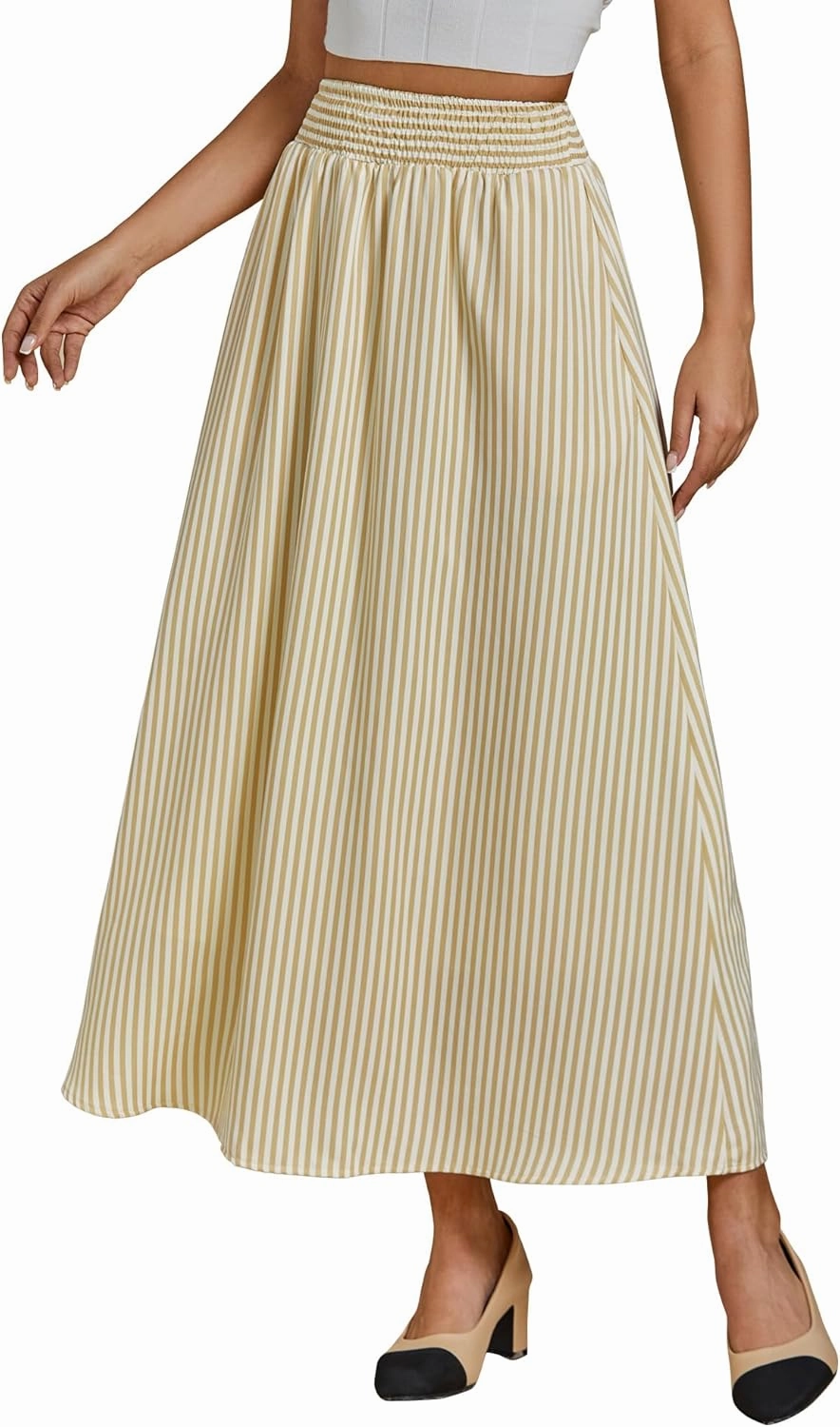 luvamia Striped Skirts for Women Maxi Long Flowy Trendy Smocked Elastic Waist Summer Beach Vacation Skirt with Pockets