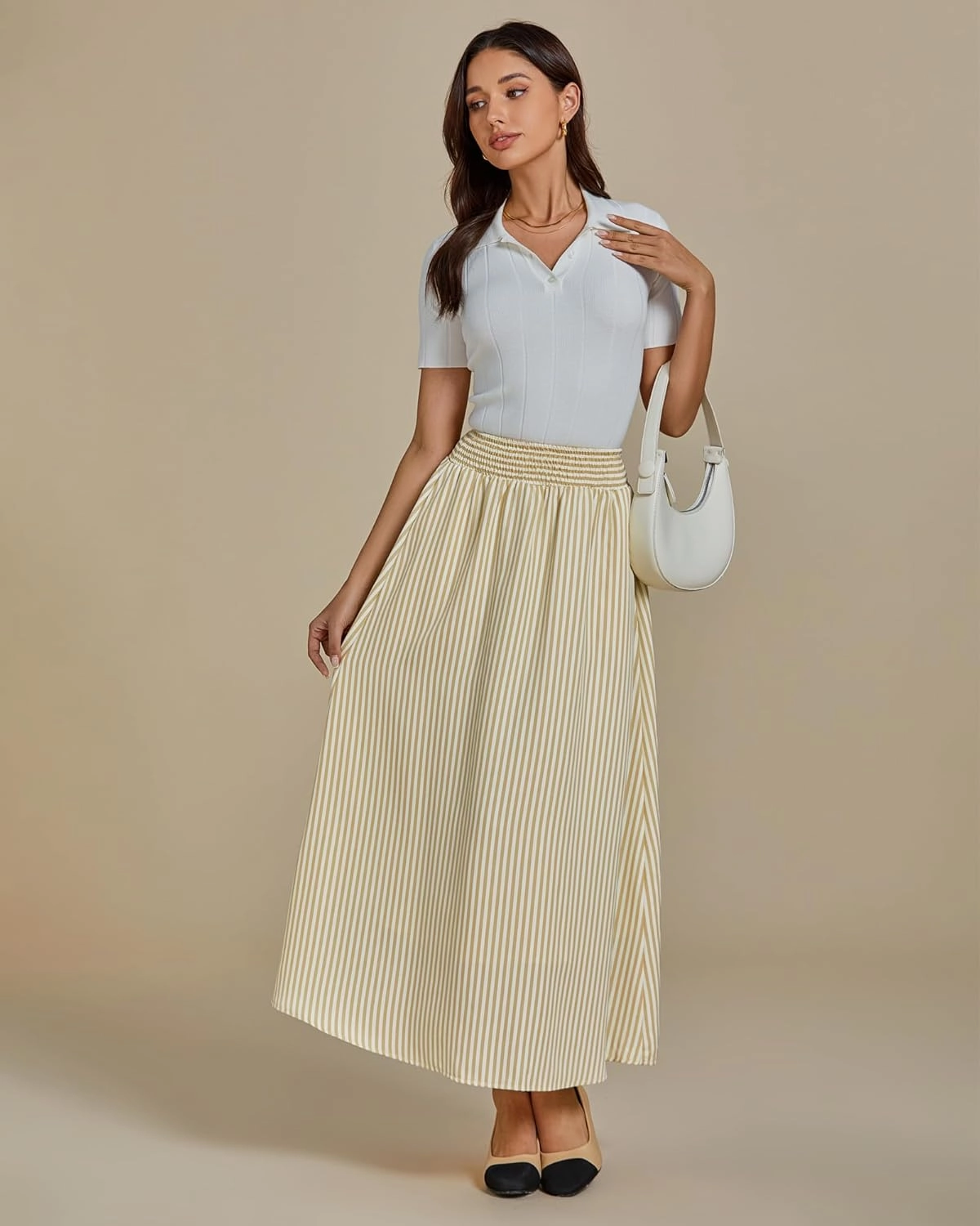 luvamia Striped Skirts for Women Maxi Long Flowy Trendy Smocked Elastic Waist Summer Beach Vacation Skirt with Pockets