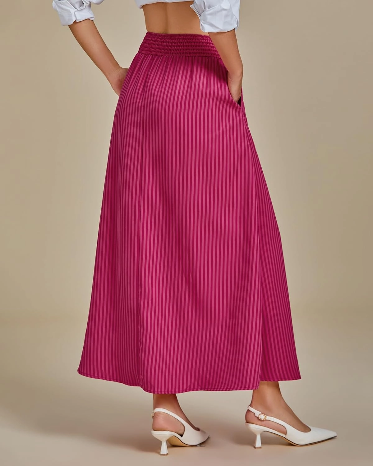 luvamia Striped Skirts for Women Maxi Long Flowy Trendy Smocked Elastic Waist Summer Beach Vacation Skirt with Pockets