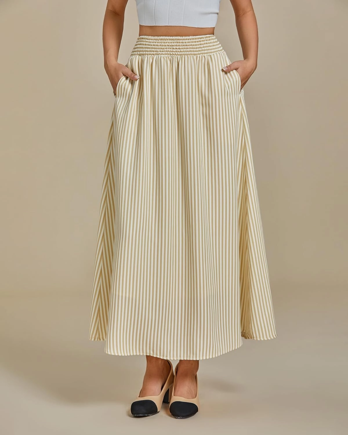 luvamia Striped Skirts for Women Maxi Long Flowy Trendy Smocked Elastic Waist Summer Beach Vacation Skirt with Pockets
