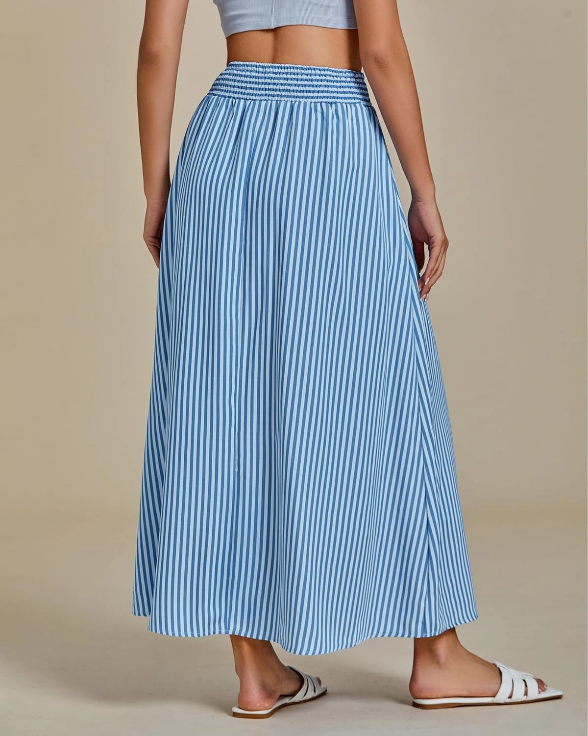 luvamia Striped Skirts for Women Maxi Long Flowy Trendy Smocked Elastic Waist Summer Beach Vacation Skirt with Pockets