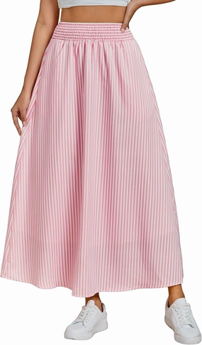 luvamia Striped Skirts for Women Maxi Long Flowy Trendy Smocked Elastic Waist Summer Beach Vacation Skirt with Pockets