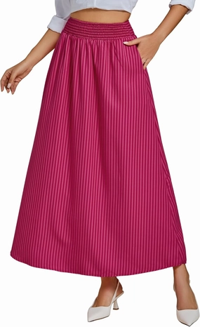 luvamia Striped Skirts for Women Maxi Long Flowy Trendy Smocked Elastic Waist Summer Beach Vacation Skirt with Pockets
