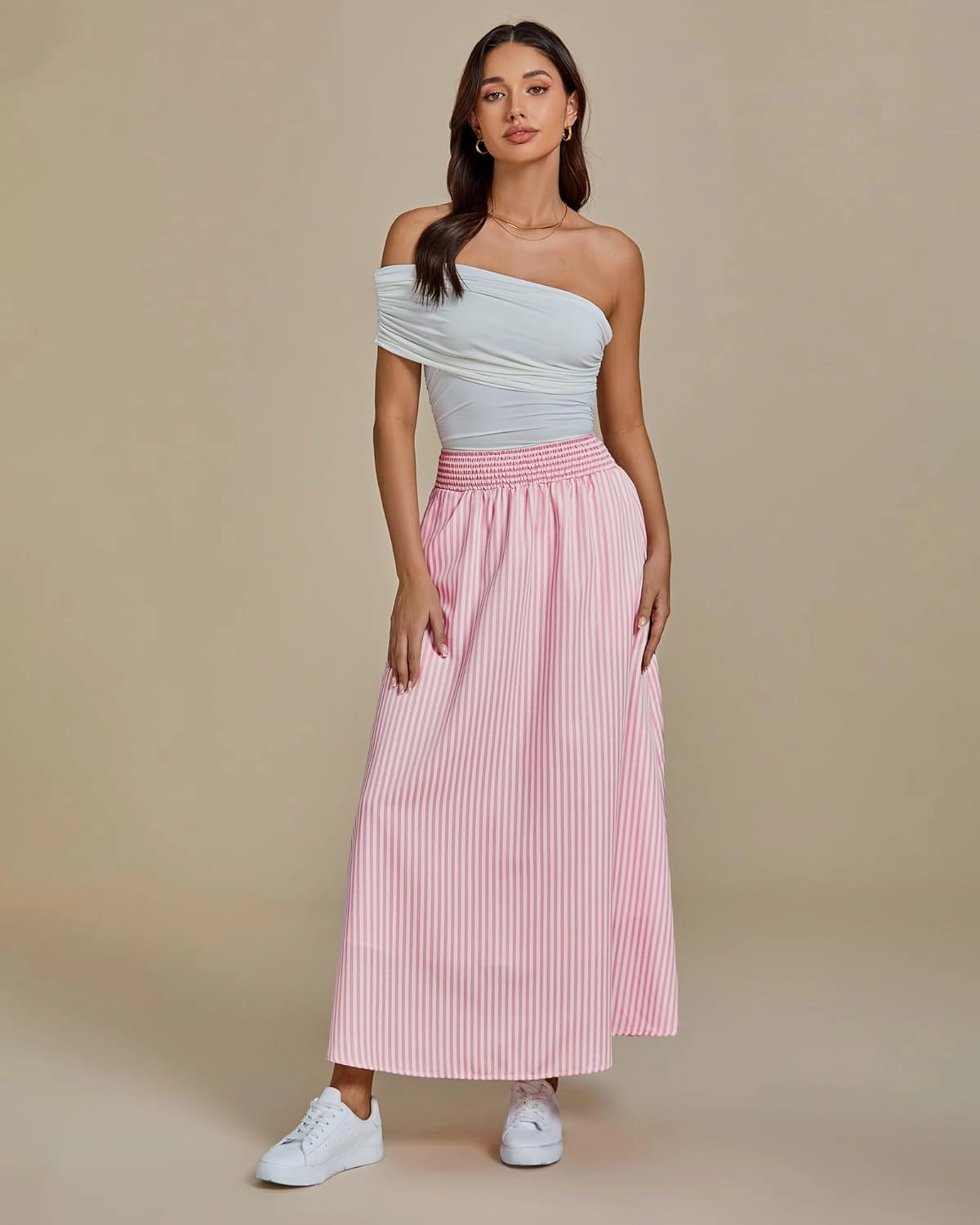 luvamia Striped Skirts for Women Maxi Long Flowy Trendy Smocked Elastic Waist Summer Beach Vacation Skirt with Pockets