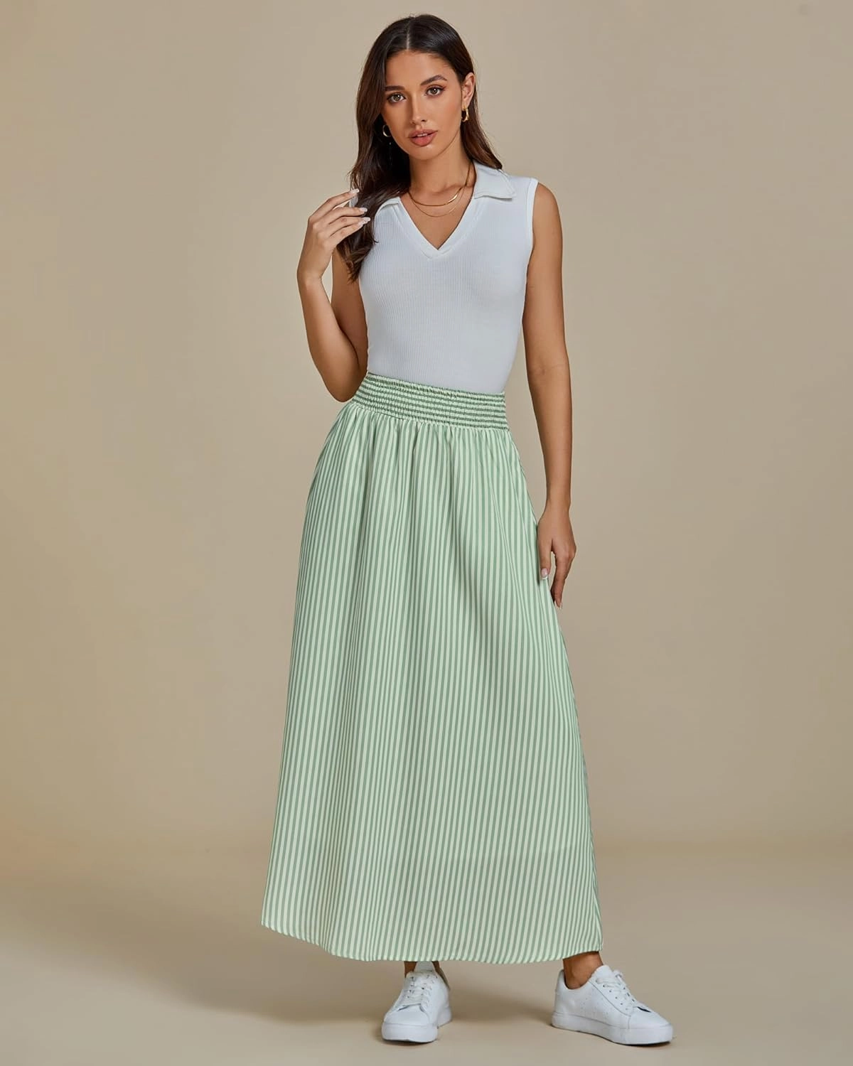 luvamia Striped Skirts for Women Maxi Long Flowy Trendy Smocked Elastic Waist Summer Beach Vacation Skirt with Pockets