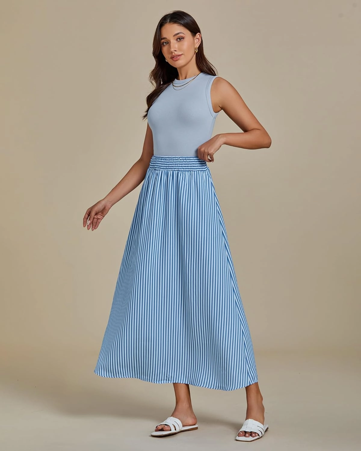 luvamia Striped Skirts for Women Maxi Long Flowy Trendy Smocked Elastic Waist Summer Beach Vacation Skirt with Pockets