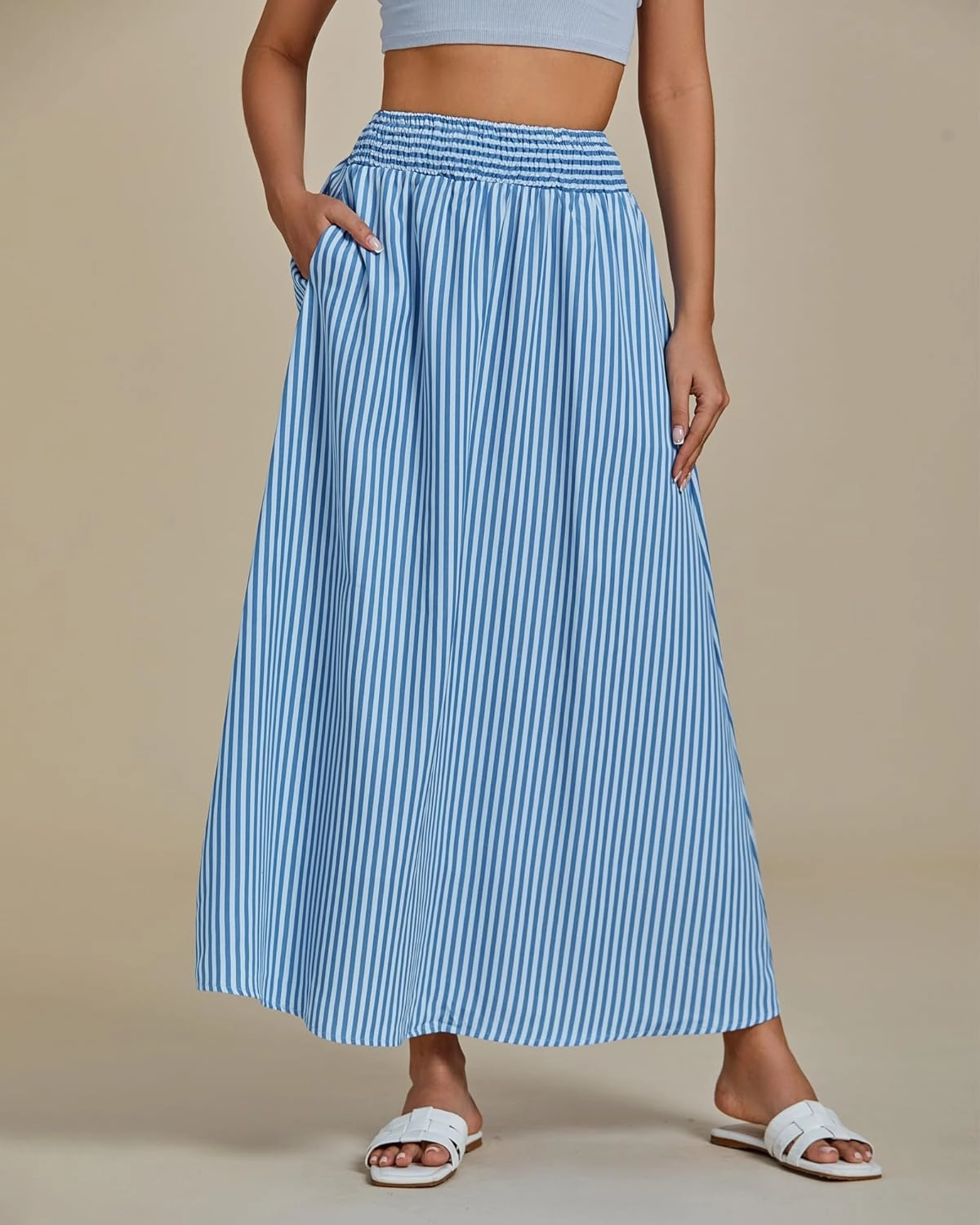 luvamia Striped Skirts for Women Maxi Long Flowy Trendy Smocked Elastic Waist Summer Beach Vacation Skirt with Pockets