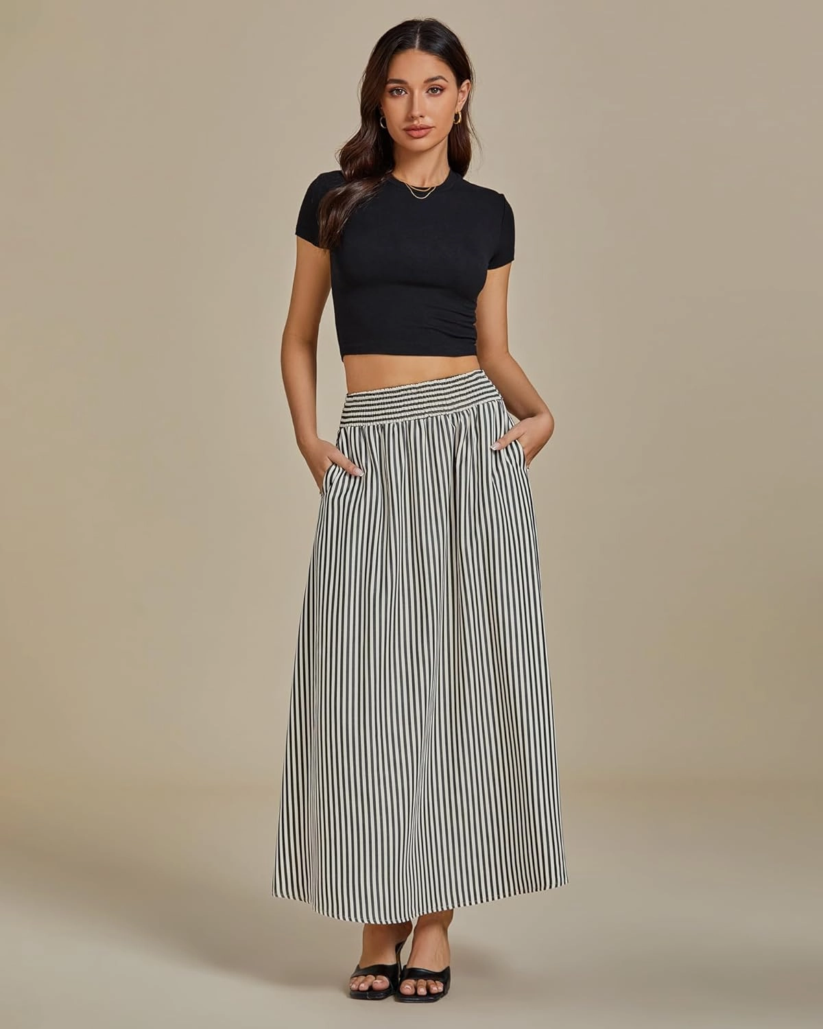 luvamia Striped Skirts for Women Maxi Long Flowy Trendy Smocked Elastic Waist Summer Beach Vacation Skirt with Pockets