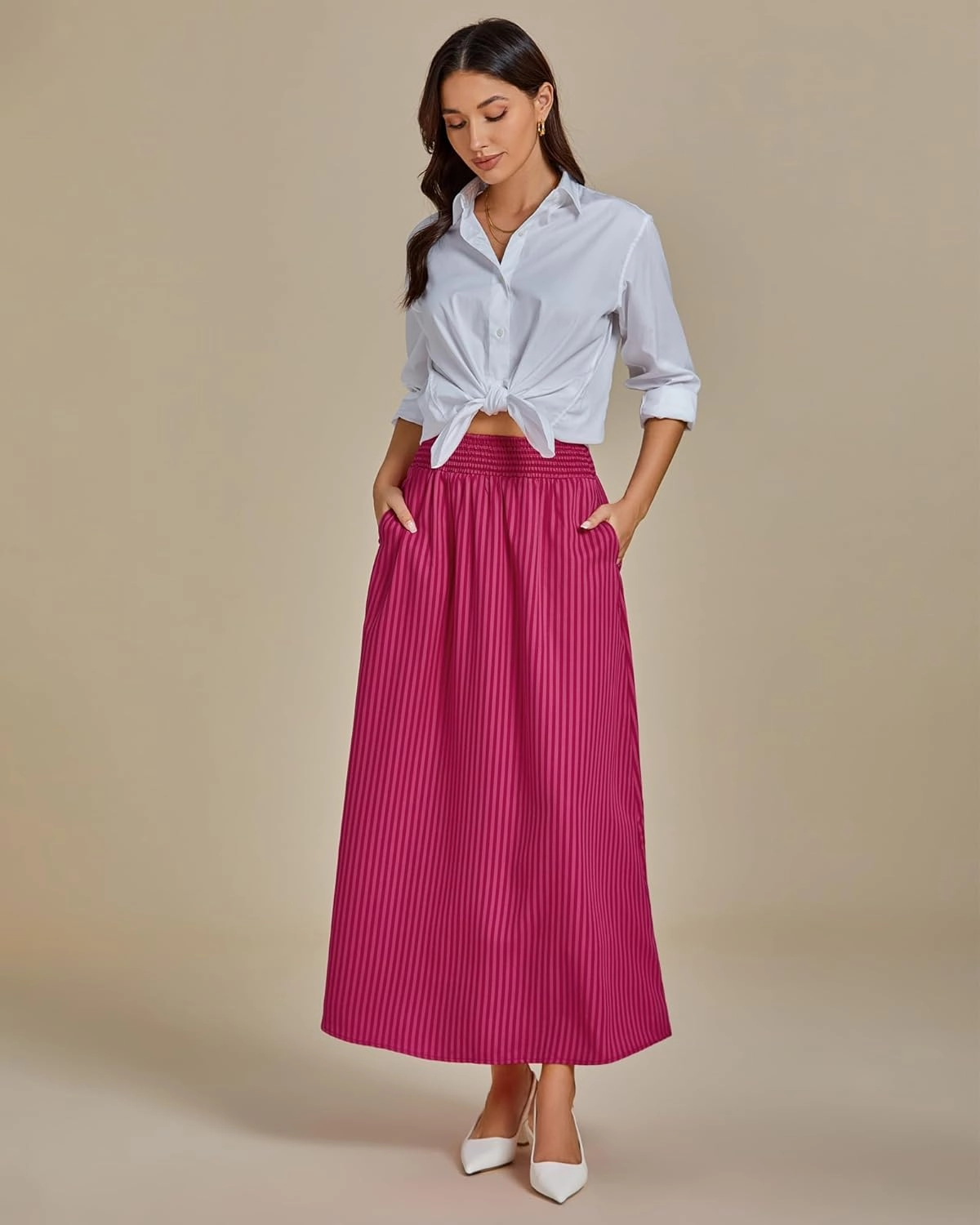 luvamia Striped Skirts for Women Maxi Long Flowy Trendy Smocked Elastic Waist Summer Beach Vacation Skirt with Pockets