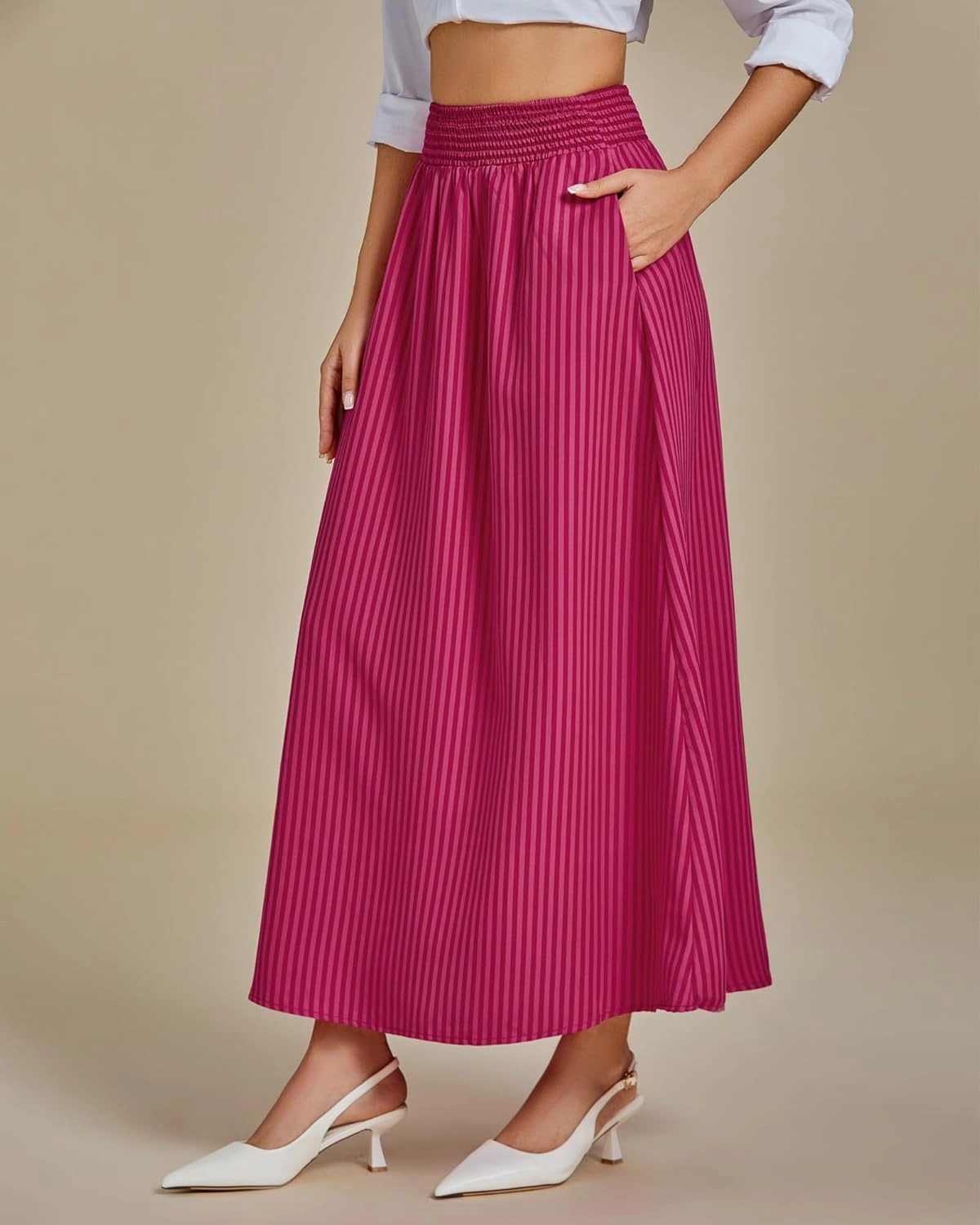 luvamia Striped Skirts for Women Maxi Long Flowy Trendy Smocked Elastic Waist Summer Beach Vacation Skirt with Pockets