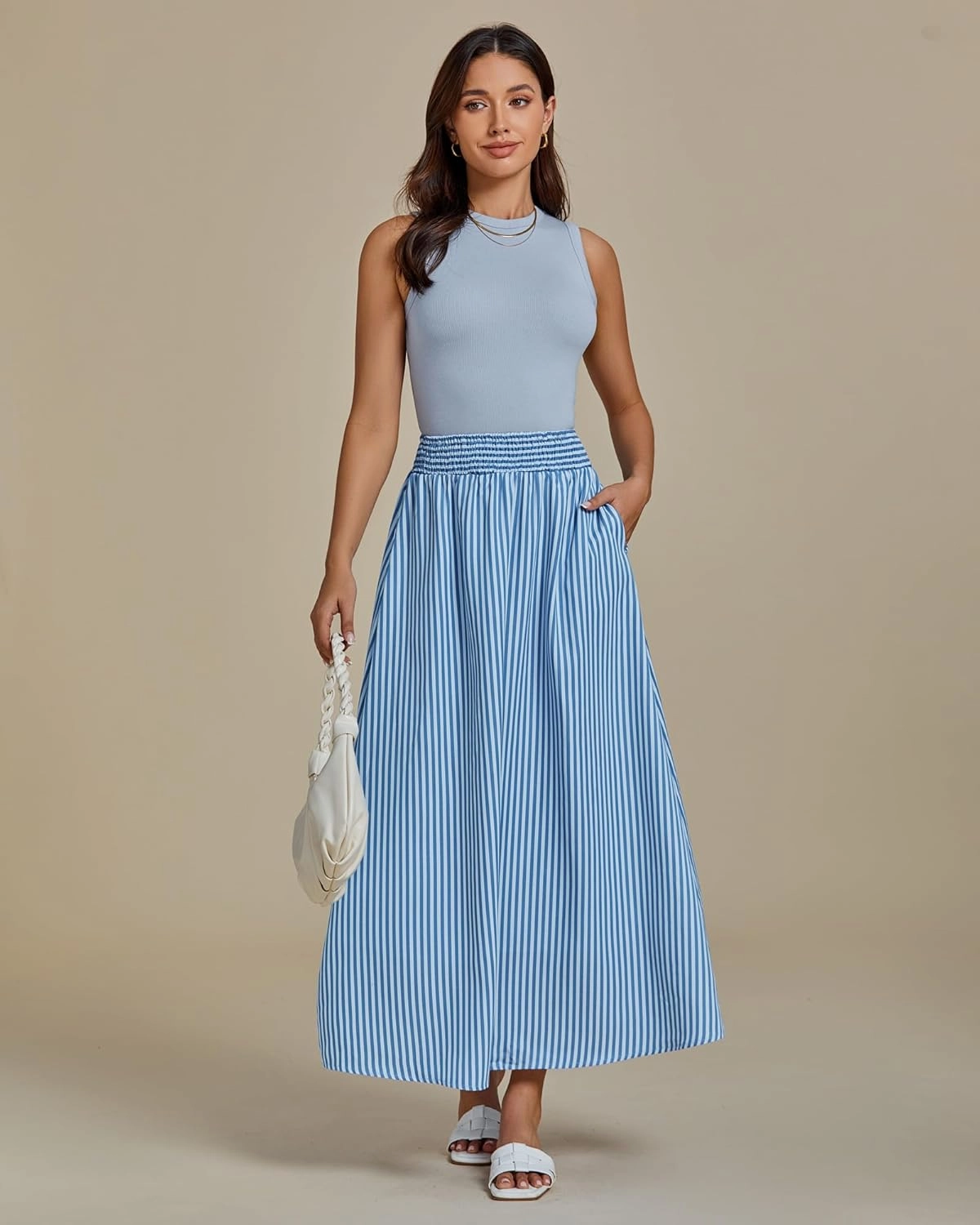 luvamia Striped Skirts for Women Maxi Long Flowy Trendy Smocked Elastic Waist Summer Beach Vacation Skirt with Pockets