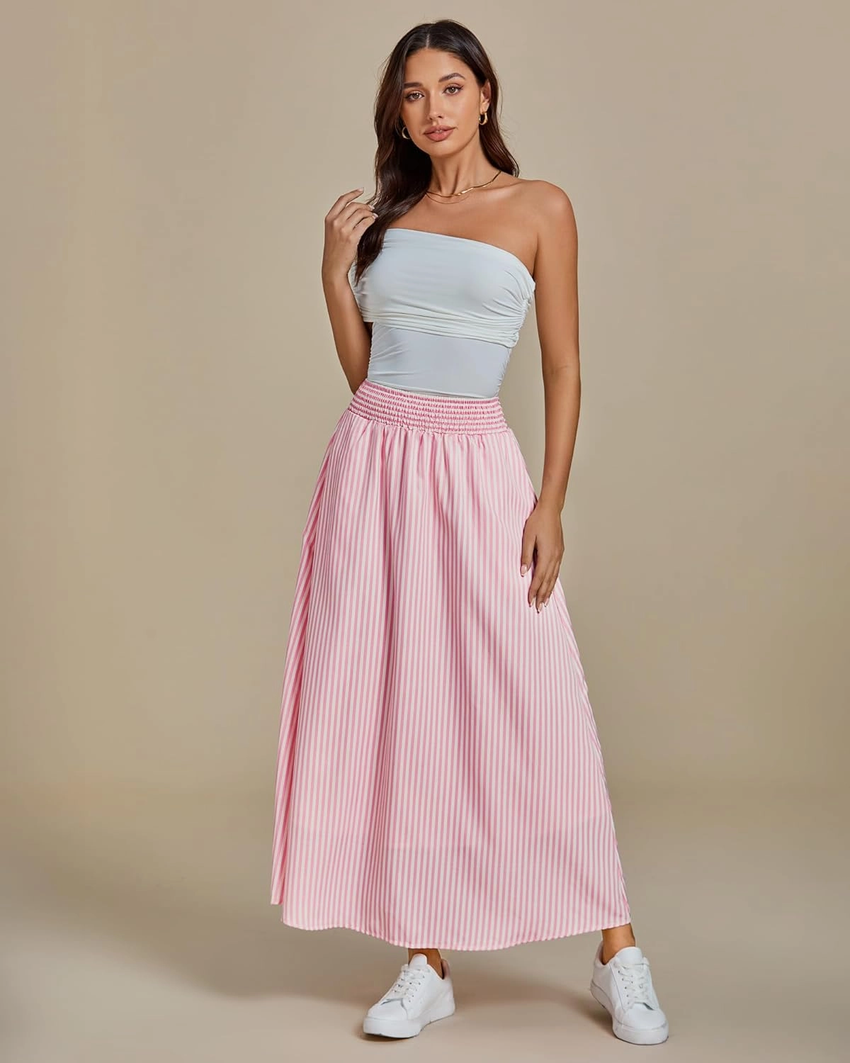 luvamia Striped Skirts for Women Maxi Long Flowy Trendy Smocked Elastic Waist Summer Beach Vacation Skirt with Pockets