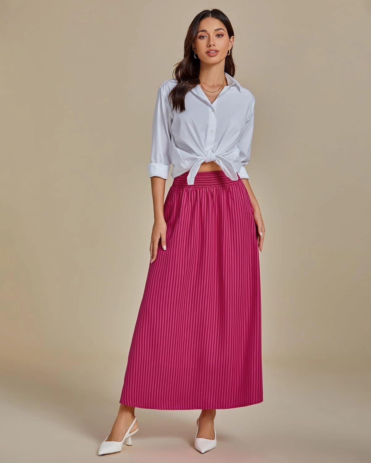 luvamia Striped Skirts for Women Maxi Long Flowy Trendy Smocked Elastic Waist Summer Beach Vacation Skirt with Pockets
