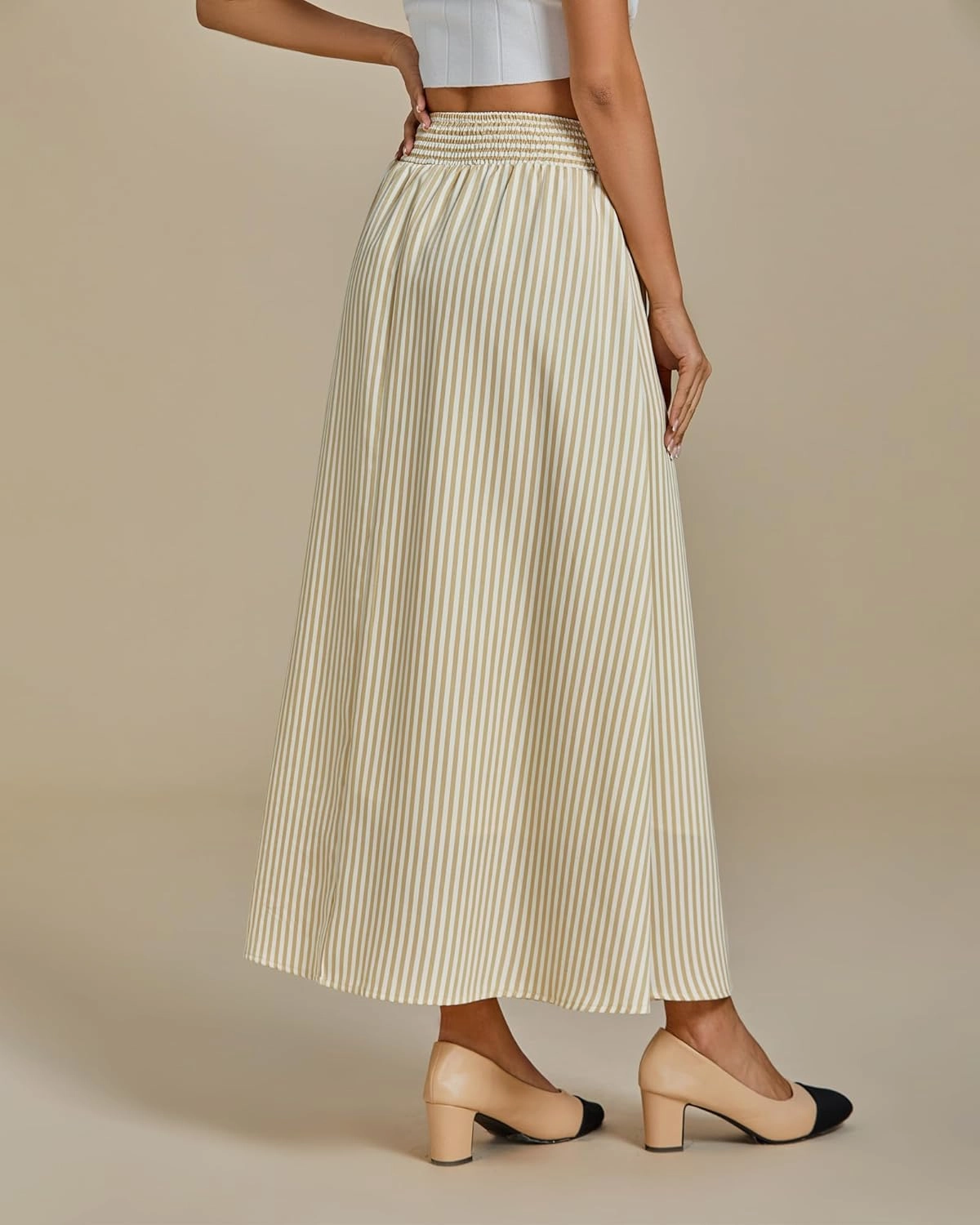 luvamia Striped Skirts for Women Maxi Long Flowy Trendy Smocked Elastic Waist Summer Beach Vacation Skirt with Pockets