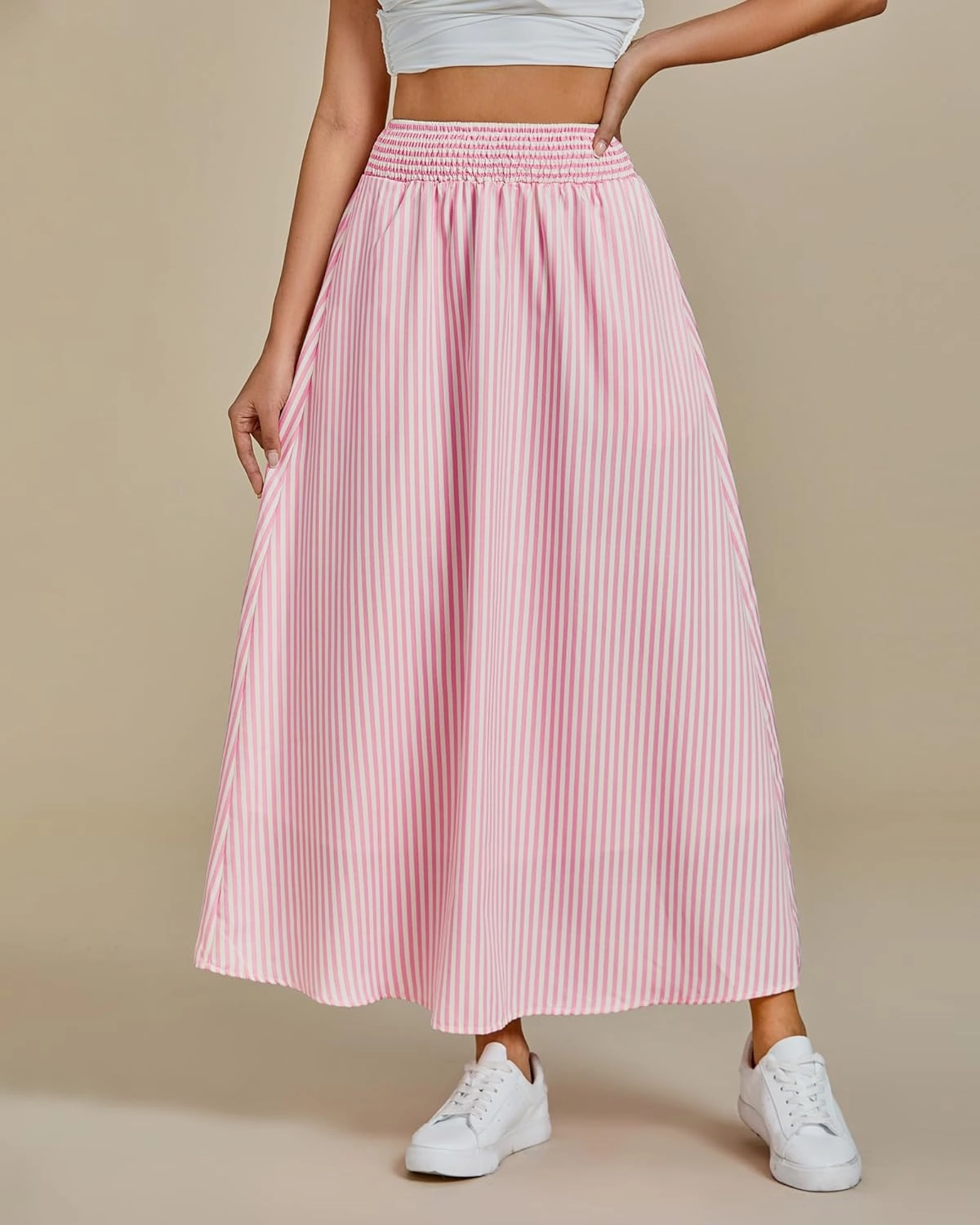 luvamia Striped Skirts for Women Maxi Long Flowy Trendy Smocked Elastic Waist Summer Beach Vacation Skirt with Pockets