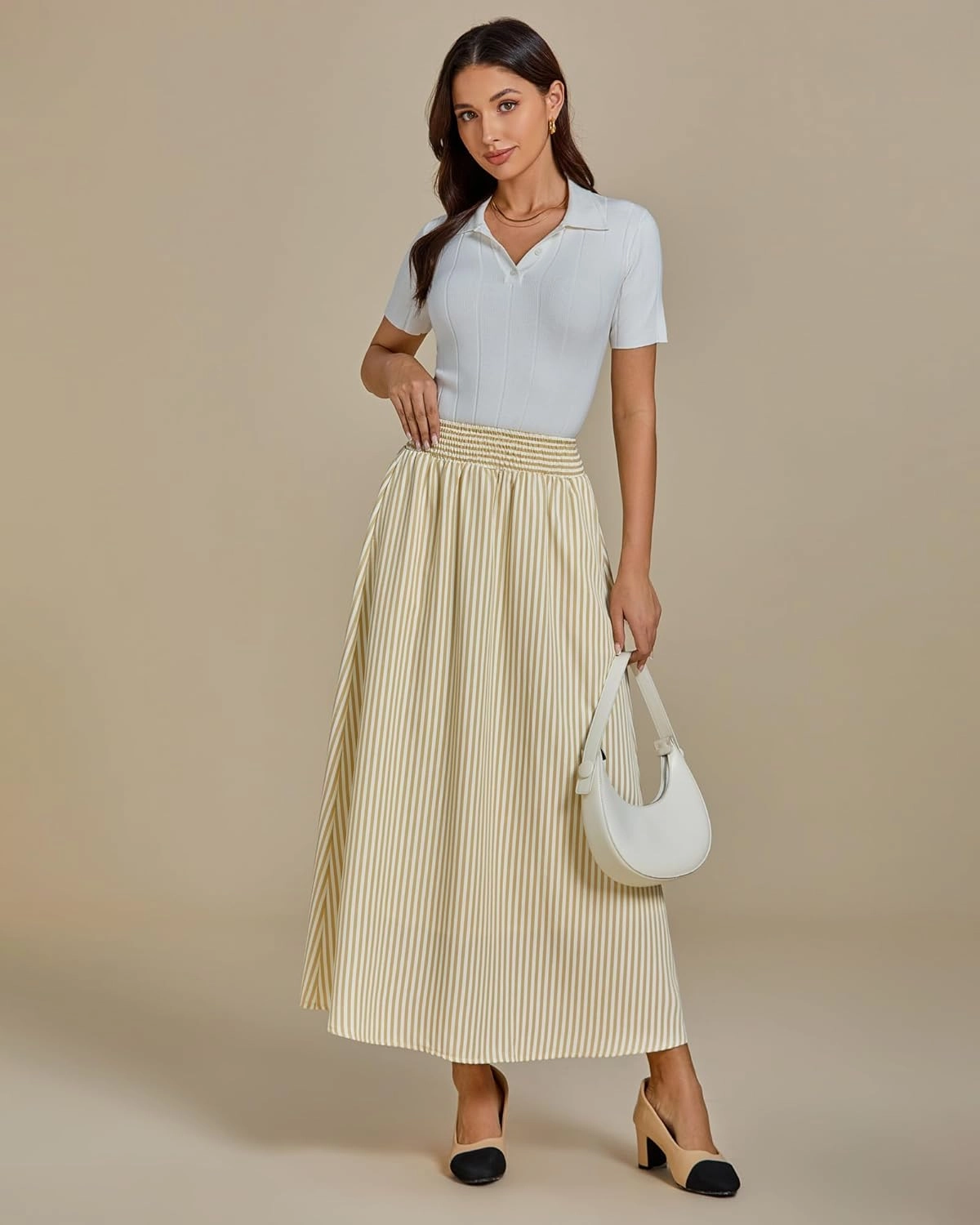 luvamia Striped Skirts for Women Maxi Long Flowy Trendy Smocked Elastic Waist Summer Beach Vacation Skirt with Pockets