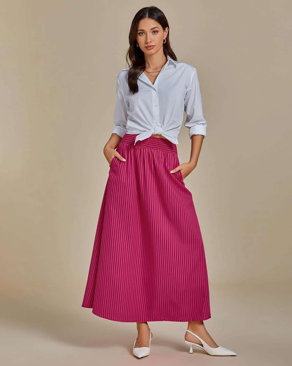 luvamia Striped Skirts for Women Maxi Long Flowy Trendy Smocked Elastic Waist Summer Beach Vacation Skirt with Pockets