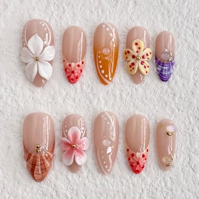 Luxury Press on Nails Medium Almond Handmade 3D Unique Reusable ABS Material Fake Nails French Tip False Nails with Designs Pink White Flower Art Petal Glossy Glue on Nails Thick Acrylic Nails(S)