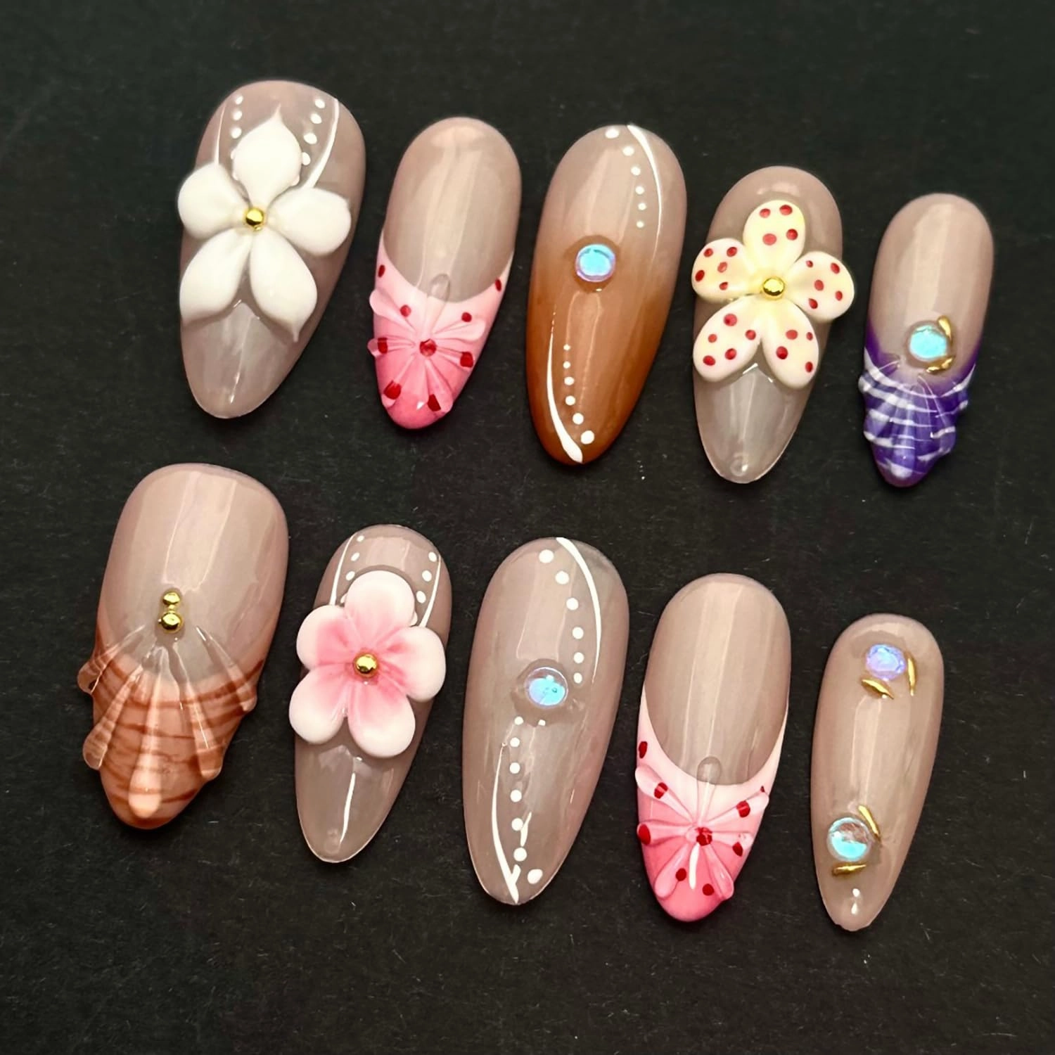 Luxury Press on Nails Medium Almond Handmade 3D Unique Reusable ABS Material Fake Nails French Tip False Nails with Designs Pink White Flower Art Petal Glossy Glue on Nails Thick Acrylic Nails(S)