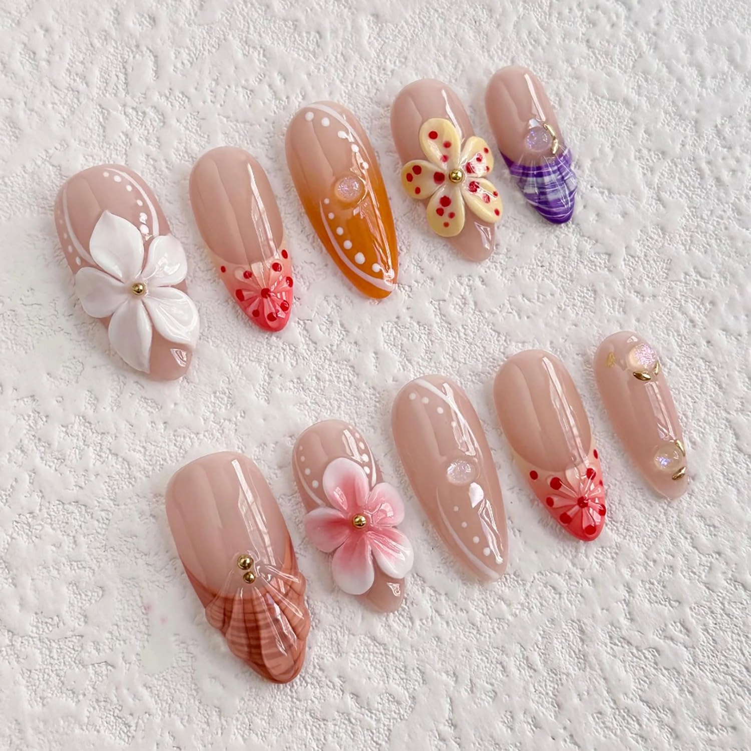 Luxury Press on Nails Medium Almond Handmade 3D Unique Reusable ABS Material Fake Nails French Tip False Nails with Designs Pink White Flower Art Petal Glossy Glue on Nails Thick Acrylic Nails(S)